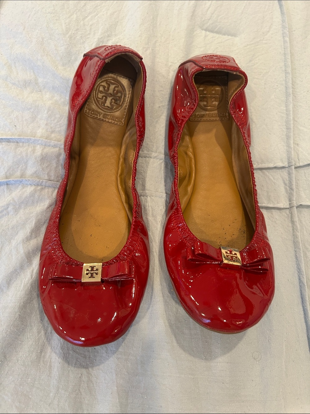 Tory Burch Red Patent Leather Logo Ballet Flats